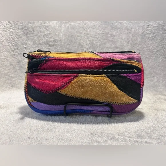 Vtg 80s La Covina Multicolored Recycled Leather Patchwork Shoulder Bag w/ Wallet - Picture 9 of 16